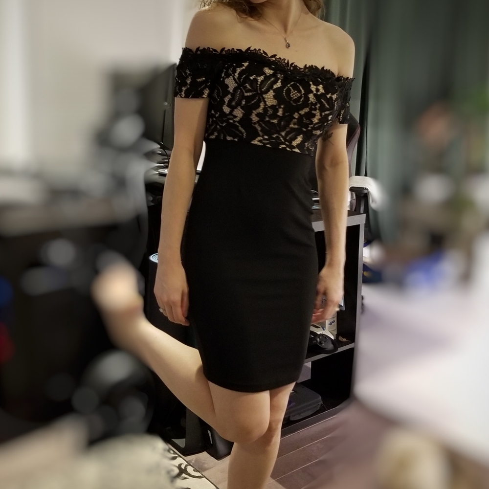 1861 Black & Beige Off-the-Shoulder Cocktail Dress